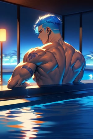 solo, male, view from back, bathing in a exotic swimming pool, summer, bright colours, blue hair, undercut, detailed, wide shoulders, thin waist, strong, at night, luminescent water, red eyes, long light blue hair, tattoos, piercing, hot, mesmerizing, muscular, adult man 