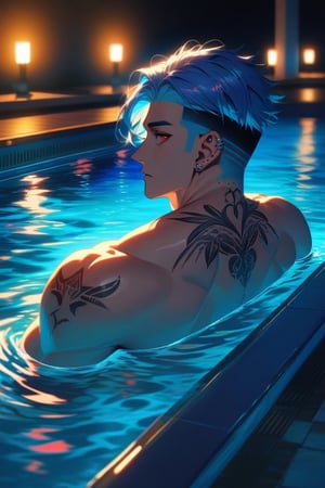 solo, male, view from back, bathing in a exotic swimming pool, summer, bright colours, blue hair, undercut, detailed, wide shoulders, thin waist, strong, at night, luminescent water, red eyes, long light blue hair, tattoos, piercing, hot, mesmerizing, muscular, adult man 