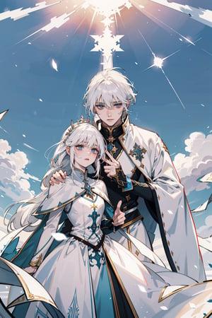 White-haired beauty, beautiful man, noble attire, ethereal, snow-white hair, unwavering resolve, admiration, trust, courage, devotion, valiant, gleaming sword, protect. Meadow bathed in sunlight, chaos, adversaries, love.