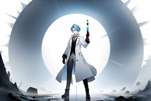 score_9,score_8_up,score_7_up,score_6_up, masterpiece, best quality, 8k, 8k UHD, ultra-high resolution, ultra-high definition, highres ,//Character, 2 men, male focus, duo, short light blue hair, red eyes, assymetric hair, Dottore, blue_vial_earring, muscular, wide shoulders, thin waist,//Fashion,  doctor_uniform, lab coat, white_jacket, silver_details, white_shirt, grey_pants, high_boots
,//Background, white_background,//Others, ,Expressiveh, lab background, top view, looking at viewer, tilting head, fang, dynamic pose, apocalyptic world setting, gloomy, dark, fog, standing and examining a tube, holding a vial, dynamic perspective, dramatic perspective