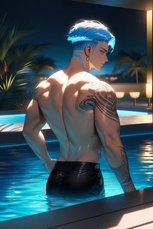 solo, male, view from back, bathing in a exotic swimming pool, summer, bright colours, blue hair, undercut, detailed, wide shoulders, thin waist, strong, at night, luminescent water, red eyes, long light blue hair, tattoos, piercing, hot, mesmerizing, muscular, adult man, 2 men, friends, standing next to each other