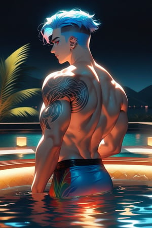 solo, male, view from back, bathing in a exotic swimming pool, summer, bright colours, blue hair, undercut, detailed, wide shoulders, thin waist, strong, at night, luminescent water, red eyes, long light blue hair, tattoos, piercing, hot, mesmerizing, muscular, adult man 