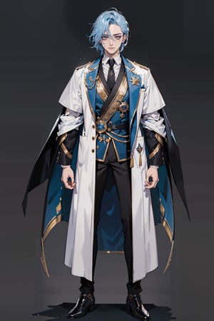 handsome vintage doctor with light ashy blue hair, scars on his face and body, facing front, symmetrical dark black clothes, blue and gold details, dangerous looking, fullbody, full-body_portrait, concept art, white background, different hair variations, reference sheet