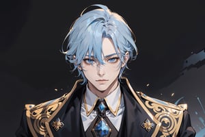 handsome royalty with light ashy blue hair, scars on his face and body, facing front, symmetrical dark black clothes, blue and gold details, dangerous looking, fullbody, full-body_portrait, concept art, white background, different hair variations