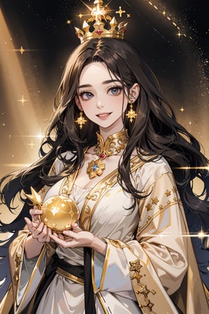 Gorgeous brunette with half open eyes, smiling, holding a bright star in her hands, long wavy hair, having golden spiky crown above her head, black background, gold light from the star iluminating her face