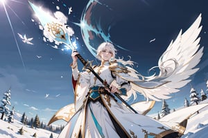 White-haired beauty, beautiful man, noble attire, ethereal, snow-white hair, unwavering resolve, admiration, trust, courage, devotion, valiant, gleaming sword, protect. Meadow bathed in sunlight, chaos, adversaries, love.