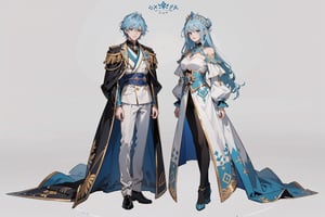 beautiful royalty with light ashy blue hair, facing front, symmetrical clothes, fullbody, full-body_portrait, concept art, white background, different hair variations