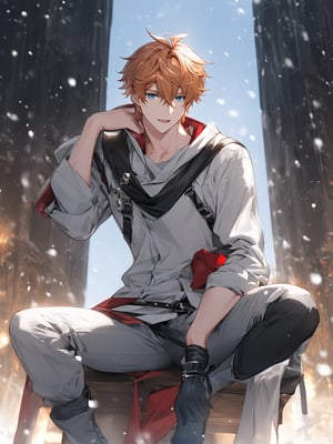 score_9,score_8_up,score_7_up,score_6_up, masterpiece, best quality, 8k, 8k UHD, ultra-high resolution, ultra-high definition, highres
,//Character, 
1man, male focus, solo, short ginger hair, shiny_hair, blue_eyes , ginger light hair, piercings, tattoos, assymetric hair, childe (genshin impact) , red_scarf, muscular, wide shoulders, thin waist
,//Fashion, 
grey jacket, red_scarf, silver_details, white_shirt, grey_pants, high_boots
,//Background, white_background
,//Others, ,Expressiveh, snow, under view, looking at viewer, tilting head, fang, dynamic pose, apocalyptic world setting, gloomy, dark, fog, sitting on invisible chair, bulge in pants,tartaglia