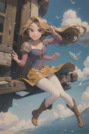 ((masterpiece,best quality)), absurdres, solo, smiling, full body, looking at viewer, (white_pantyhose), bunnny_suit, brown leather boots, dynamic pose, flying, soaring, sky on background, ,SAM YANG,kitagawa marin sb,cartoon