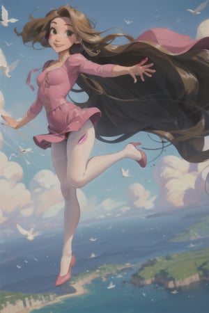 ((masterpiece,best quality)), absurdres, solo, smiling, full body, looking at viewer, (white_pantyhose), pink mini dress, dynamic pose, flying, soaring, sky on background, ,SAM YANG,kitagawa marin sb,cartoon