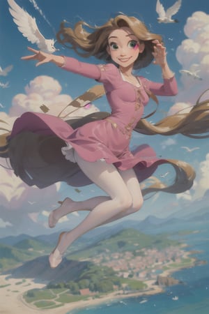 ((masterpiece,best quality)), absurdres, solo, smiling, full body, looking at viewer, (white_pantyhose), pink mini dress, dynamic pose, flying, soaring, sky on background, ,SAM YANG,kitagawa marin sb,cartoon