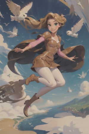 ((masterpiece,best quality)), absurdres, solo, smiling, full body, looking at viewer, (white_pantyhose), bunnny_suit, brown leather boots, dynamic pose, flying, soaring, sky on background, ,SAM YANG,kitagawa marin sb,cartoon