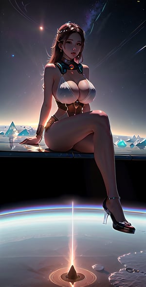 close-up,, zoom in to giantess, full body, beautiful face, big boobs and thighs , close-up, beautiful face, beautiful eyes, transparent cloths , beautiful body, Gigantic giantess Beautiful goddess sitting on the surface of titan moon,  planet saturn covers the sky in the background, large view, colony, methane lakes, ice, milk from his boobs ,landscape, dawn, dramatic lights, trending on artstation, sharp focus, studio photo, intricate details, highly detailed, by greg rutkowski, GTSPlanet, GTSSpace, Rampage, two knees are far from each other , open eyes , showing vagina