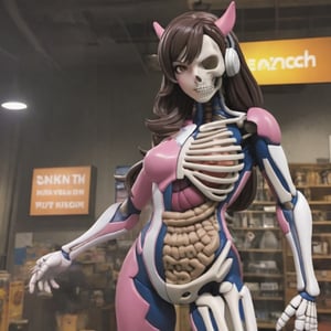 D.Va girl figure from the videogame "Overwatch", The same colours as the original character's suit, sexy figure, D.Va suit, beautiful girl, big tits, huge breasts, X-ray, skeleton visible, front-side pose, plastic toy, Doll limb joints, toy shop background, intricate details, realistic photograph, cyborg style, ,ActionFigureQuiron style