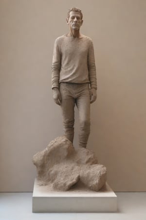 a sculpture body portrait, photorealistic, hyperrealistic, detailed, made of eroded Rough ruined concrete, stained of rust, eroded by air bubbles on surface, full body sculpture, by Mirko Ferronato sculptor, Mirko Ferronato style sculpture, minimal, at Biennale di Venezia, neutral background, photorealistic