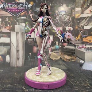 D.Va girl figure from the videogame "Overwatch", The same colours as the original character's suit, sexy figure, D.Va suit, big tits, huge breasts, big boobs, X-ray, skeleton visible, front-side pose, plastic toy, Doll limb joints, toy shop background, intricate details, realistic photograph, ActionFigureQuiron style,premium playset toy box,ActionFigureQuiron style