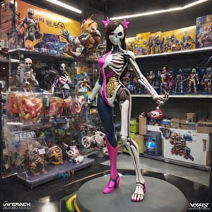D.Va girl figure from the videogame "Overwatch", The same colours as the original character's suit, sexy figure, D.Va suit, big tits, huge breasts, big boobs, X-ray, skeleton visible, front-side pose, plastic toy, Doll limb joints, toy shop background, intricate details, realistic photograph, cyborg style, ,ActionFigureQuiron style
