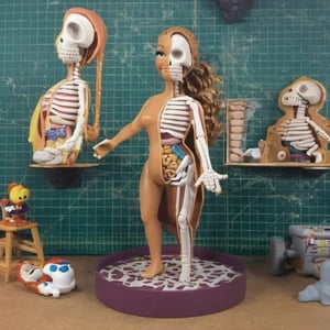 Mariah Carey, sexy figure, big tits, huge breasts, big boobs, X-ray, skeleton visible, front-side pose, plastic toy, Doll limb joints, toy shop background, intricate details, realistic photograph, ActionFigureQuiron style,premium playset toy box,