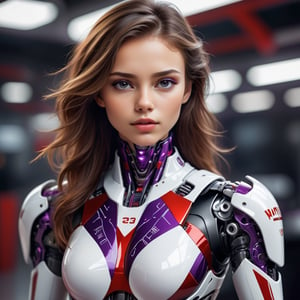 young Girl, racing decals, number and letters racing fonts decals on surface, (perfect face), (sexy), (perfect hands), defined jawline, beautiful lips,Full-Body shot, (perfect anatomy), (athletic body), (intricate geometric robotic white body armor, Deep Purple and Red accents), photorealistic,DonMCyb3rN3cr0XL 