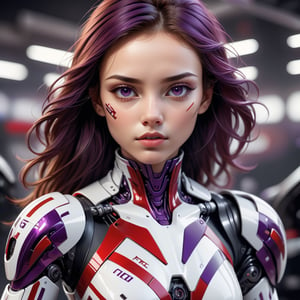 young Girl, racing decals, number and letters racing fonts decals on surface, (perfect face), (sexy), (perfect hands), defined jawline, beautiful lips,Full-Body shot, (perfect anatomy), (athletic body), (intricate geometric robotic white body armor, Deep Purple and Red accents), photorealistic,DonMCyb3rN3cr0XL 