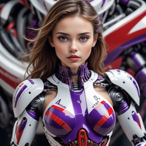 young Girl, racing decals, number and letters racing fonts decals on surface, (perfect face), (sexy), (perfect hands), defined jawline, beautiful lips,Full Body shot, (perfect anatomy), (athletic body), (intricate geometric robotic white body armor, Deep Purple and Red accents), photorealistic,