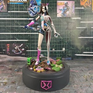 D.Va girl figure from the videogame "Overwatch", The same colours as the original character's suit, sexy figure, D.Va suit, big tits, huge breasts, big boobs, X-ray, skeleton visible, front-side pose, plastic toy, Doll limb joints, toy shop background, intricate details, realistic photograph, ActionFigureQuiron style,premium playset toy box,ActionFigureQuiron style