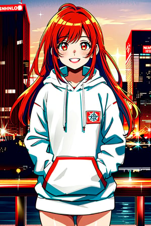 beautiful, high quality, sidelighting, girl, 1girl, alone, standing, red eyes, red hair, white hoodie, city background, long hair, smiling, cowboy shot, sparkling eyes , hitomi 