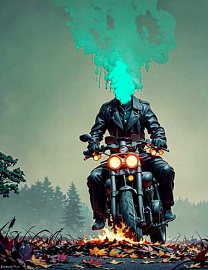 (((a headless horseman))) he rides a burning 1930 Harley Davidson motorcycle down a wooded highway on a dark night. Wearing a leather jacket,(((No head)))(((decapitated)))(((headless)))(((no helmet)))(((empty neck hole)))(((The motorcycle has the an iron horse head welded to the front, it's eyes serve as headlights))),(holding a machete)

 (((Drippy, burnt ember asthetic))), ((gnarly spooky trees)), autumn leaves, (((green fog))), crescent moon, ((weird mushroom men in the background))

(((an iron horse head is welded on to the front of motorcycle, (rider has no head, he is decapitated, he is headless),))),halloweentech,art by Stephen Gammell,fire that looks like...,HellAI,horror