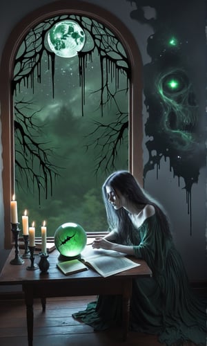 ((A thin wispy sad ghoul girl sitting at a desk)), she is studying book, (((an image of a galaxy appears in the small crystal ball sitting on the table))),1 tall drippy candle sits on the table,some green skeletal ghosts hover in the background, a thin crescent moon shines through a broken window,(spiderwebs),donmcr33pyn1ghtm4r3xl  