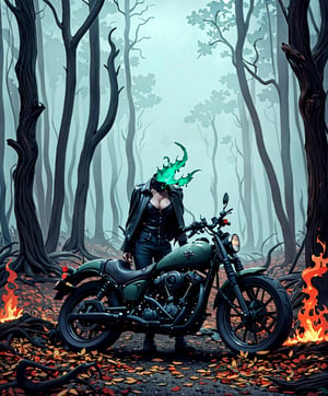 (((1 headless horsewoman))) she rides a burning 1930 Harley Davidson motorcycle down a wooded highway on a dark night. Wearing a leather jacket, (cleavage),cape flapping,(((No head)))(((decapitated)))(((headless)))(((no helmet)))(((green flames out of neck hole)))(((The motorcycle has the an iron horse head welded to the front, it's eyes serve as headlights))),(holding handlebars)

 (((Drippy, burnt ember asthetic))), ((gnarly spooky trees)), autumn leaves, (((green fog))), crescent moon, ((weird mushroom ghosts in the background))

(((an iron horse head is welded on to the front of motorcycle, (rider has no head, she is decapitated, she is headless),))),halloweentech,art by Stephen Gammell,fire that looks like...,HellAI,horror
