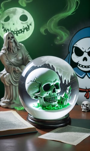 A skinny ghoul girl studying an image of the Stay Puft Marshmallow Man in her crystal ball, book on table,green spirits with skull faces in the background,donmcr33pyn1ghtm4r3xl  