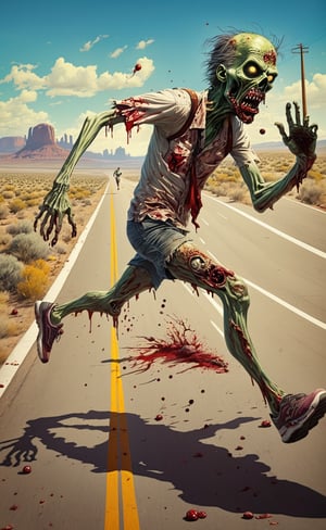 Gross zombie running a marathon on US highway 85. Eyeball falling out. Foot backwards. Scalp dangling.
