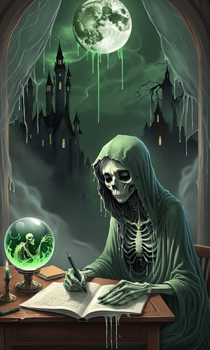((A thin wispy sad ghoul girl sitting at a desk)), she is studying book, (((an image of Scooby appears in the crystal ball sitting on the table))),1 tall drippy candle sits on the table,some green skeletal ghosts hover in the background, a thin crescent moon shines through a broken window,(spiderwebs),donmcr33pyn1ghtm4r3xl  
