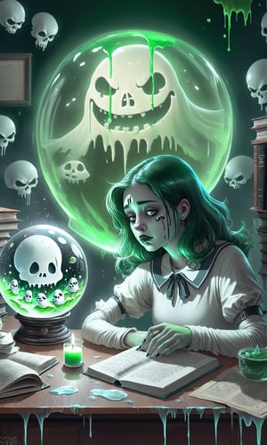 ((A wispy sad ghoul girl sitting at a desk)), she is studying book, ((an image of Stay Puft Marshmallow Man appears in the crystal ball on the desk)),drippy candle on the table, (donuts on the table),(green ghosts with skull faces float in the background),donmcr33pyn1ghtm4r3xl  
