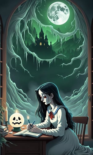 ((A thin wispy sad ghoul girl sitting at a desk)), she is studying book, (((an image of the Stay Puft Marshmallow Man appears in the crystal ball sitting on the table))),1 tall drippy candle sits on the table,some green skeletal ghosts hover in the background, a thin crescent moon shines through a broken window,(spiderwebs),donmcr33pyn1ghtm4r3xl  
