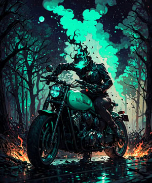 (((1 headless horsewoman))) she rides a burning 1930 Harley Davidson motorcycle down a wooded highway on a dark night. Wearing a leather jacket, boots, (cleavage),cape flapping,(((No head)))(((decapitated)))(((headless)))(((no helmet)))(((green flames out of neck hole)))(((The motorcycle has the an iron horse head welded to the front, it's eyes serve as headlights))),(holding a machete)

 (((Drippy, burnt ember asthetic))), ((gnarly spooky trees)), autumn leaves, (((green fog))), crescent moon, ((weird mushroom ghosts in the background))

(((an iron horse head is welded on to the front of motorcycle, (rider has no head, she is decapitated, she is headless),))),halloweentech,art by Stephen Gammell,fire that looks like...,HellAI,horror