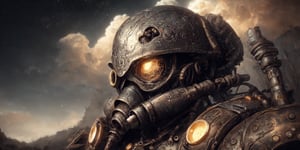 An anthropomorphic cyborg robot in a helmet with a gas mask, 2/3 of the screen, matte textures, cloudy sky, realistic light scattering, light reflection from the ground, non-uniformity of the ground texture, light glow in space, contour selection of each pixel of the soil, upscaled texture x8, Smooth contours of buildings, blurred glow, Golden clouds, Steampunk,