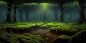 Plateau, huge field to horizon, contour selection of each pixel, upscaled image x8, depth of field, moss everywhere, wet moss everywhere, damp earth, moisture in the air, distortion in the air, obstruction of light, high-quality shaders,