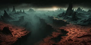 Huge canyon of bone necropolises, Beksinski, top view, 2/3 screen, black sky, moss everywhere, dark turquoise clouds everywhere, realistic light scattering, light reflection from the ground, non-uniform ground texture, light glow in space, contour selection of each pixel of the soil with a pattern, scaled texture x8, lens effect,