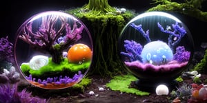 A Spherical orange aquarium occupies the entire image, high resolution, | moss with hemp, mycelium, spores, purple orange plants |, light passes through the sphere, colors emit a glow, high-quality reflections, incredible shine, HDR, DLSS, upscale, 4k, fog, mother of pearl, depth of vision, surface distortion,