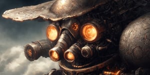 An anthropomorphic cyborg robot in a helmet with a gas mask, 2/3 of the screen, matte textures, cloudy sky, realistic light scattering, light reflection from the ground, non-uniformity of the ground texture, light glow in space, contour selection of each pixel of the soil, upscaled texture x8, Smooth contours of buildings, blurred glow, Golden clouds, Steampunk,