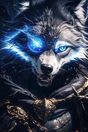 (best quality), (4K, HDR), (Dark Souls), Female wolf warrior, dark fantasy, dark, glowing eyes, (up close shot), 