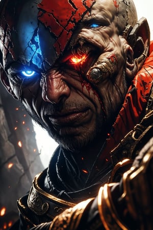 (best quality), (4K, HDR), Wallpaper, dark fantasy Kratos from God of War, bloody, glowing eyes, dark, (up close shot), 