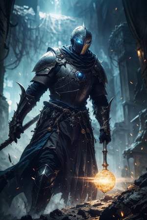 (best quality), (4K, HDR), (story),  Close-up of a knight, his armor battered but his eyes fierce, holding a staff with a glowing, magical orb.
dark fantasy, 
