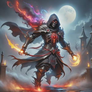 (best quality), (4K, HDR), ((OverwatchxDark Fantasy)), mage Reaper, musuclar man, hooded, strong body, glowing red eyes, death magic (Death shot), fantasy style armor and clothing, vibrant colors, dark fantasy, dark ,DonM3l3m3nt4lXL