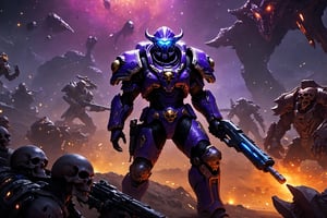 (8k UDR), (masterpiece, best quality), ((Starcraft)), 

Create an image of a Space Cowboy ranger on a Zerg infested world, he will be duel wielding two space revolvers, standing his ground on the remains of a dead world, (war camera shots), dark atmosphere, vibrant colors, depth of field, ,HellAI,fire,skull,monster