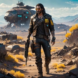 (8k HDR), (masterpiece, best quality), 

"Visualize Johnny Silverhand from Cyberpunk 2077 adapted into the Fallout universe as a rugged wasteland wanderer. He dons a patched-up leather jacket with radiation-resistant lining, adorned with various faction pins and badges from the Fallout world. His iconic cybernetic arm has been further modified with attachments useful for survival in the wasteland, including a Geiger counter and a built-in pip-boy interface. Strapped to his back is a makeshift electric guitar, cobbled together from old world tech and scrap parts. He navigates a rocky terrain littered with the debris of fallen airships and distant views of dilapidated structures, his gaze fixed on the horizon, a defiant symbol of survival and resistance against the chaos of the wasteland."

dark atmosphere, vibrant colors, (various camera shots), depth of field, 2D