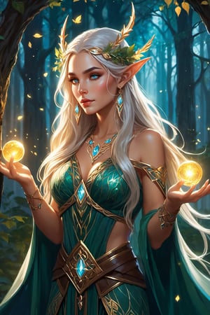 (masterpiece, best quality), (8K, UHD),

"Create an image of a stunning female elf, reminiscent of the ones in World of Warcraft, standing gracefully in an enchanted forest. Her long, flowing hair is adorned with delicate, glowing runes, and her pointed ears are framed by elegant elven jewelry. She wears an intricate, shimmering gown that seems to be woven from moonlight and leaves. Her eyes are bright and filled with wisdom, and her hands are raised as she casts a powerful, majestic spell. Glowing magical symbols and ethereal lights swirl around her, illuminating the forest with an otherworldly glow. The scene is rich with vibrant colors, ancient trees, and mystical creatures, reflecting the elf's deep connection to nature and her awe-inspiring magical prowess."

vibrant colors, glowing, 