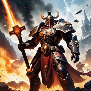 (8k HDR), (masterpiece, best quality),

Title: Ares, God of War in the Warhammer 40K Universe

Scene Description:
Ares, now a towering Space Marine Captain, clad in ornate power armor, stands on the smoldering battlefield of a war-torn planet. His armor is a masterwork of Imperial craftsmanship, deeply engraved with symbols of war and destruction, and painted in the blood-red colors of his chapter. His cape, tattered and scorched, flutters in the toxic winds.

Focal Point:
Ares wields a massive, chain-wrapped thunder hammer, glowing with arcane energies, raised high as he charges into a horde of alien enemies. His other hand clutches a bolt pistol, spewing fiery rounds into the melee. Around his waist, a belt adorned with skulls and relics from vanquished foes.

Background Elements:
The landscape around him is chaotic and devastated, with the remnants of a once-mighty city now reduced to rubble and flames. Exploding shells light up the dark sky, and drop pods descend in the background, bringing reinforcements or dreadnought allies.

Atmospheric Effects:
Smoke and dust fill the air, pierced by the harsh light of gunfire and explosions. In the distance, the twisted forms of enemy war machines loom, clashing against the Imperial forces.

Dynamic Action:
Ares roars a battle cry, his voice amplified by his helmet’s vox-grille, inspiring fear in his foes and fervor in his troops. Close by, Space Marines rally to his side, their armor echoing his design, forming an unstoppable tide of red and steel.

dark and vibrant, (micheal bay cinematic shots), depth of field, 2D
