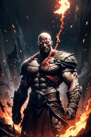 Against a dark, ominous background, Kratos stands tall in an upper torso shot, his chiseled physique bathed in the faint glow of his fiery red hair. His piercing, bloodshot eyes seem to burn with an inner fire, radiating an aura of intense determination. The 4K HDR rendering captures every detail of his rugged skin and bulging muscles as he stands ready for battle, the darkness surrounding him a testament to the treacherous world he inhabits.